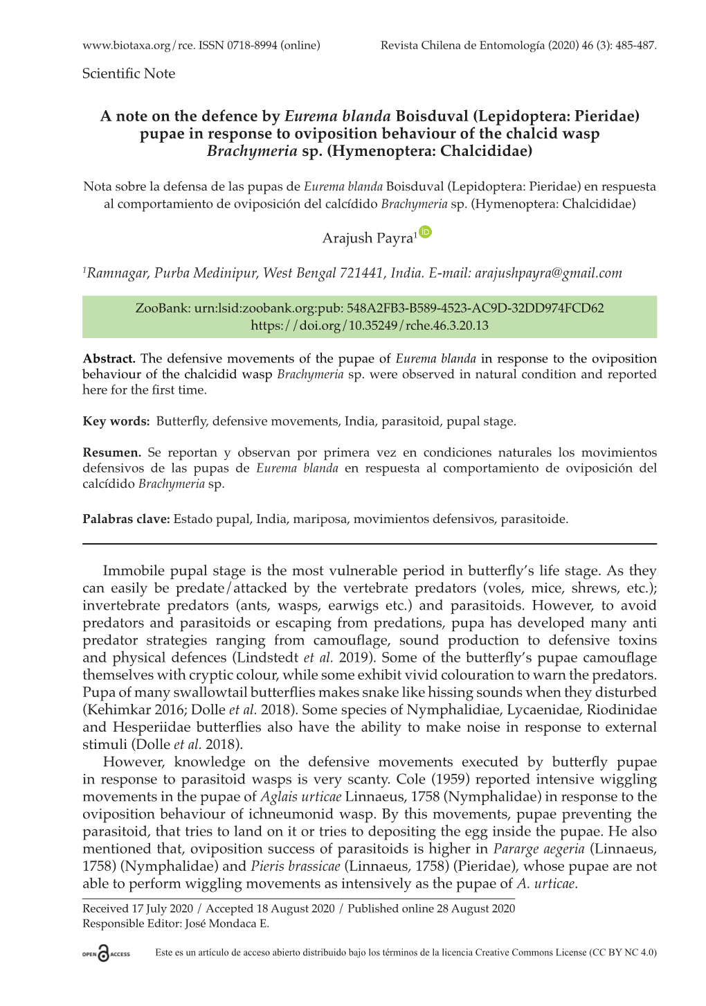 A Note on the Defence by Eurema Blanda Boisduval (Lepidoptera: Pieridae) Pupae in Response to Oviposition Behaviour of the Chalcid Wasp Brachymeria Sp