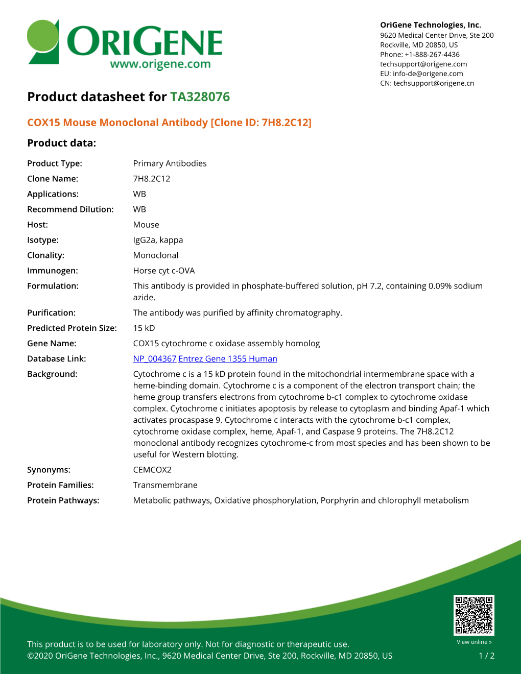 COX15 Mouse Monoclonal Antibody [Clone ID: 7H8.2C12] Product Data