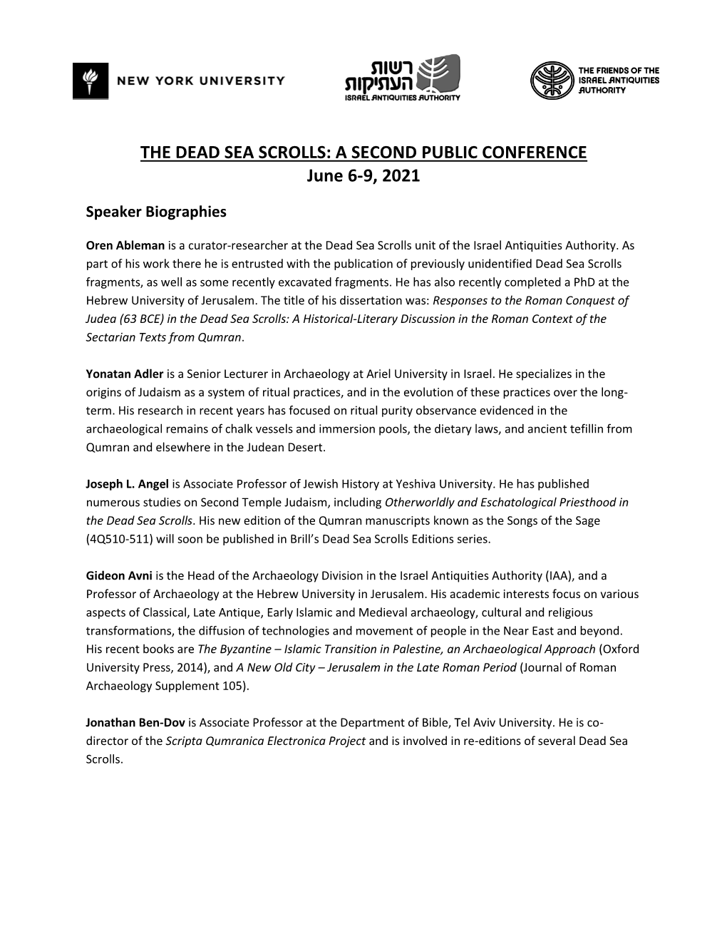 THE DEAD SEA SCROLLS: a SECOND PUBLIC CONFERENCE June 6-9, 2021