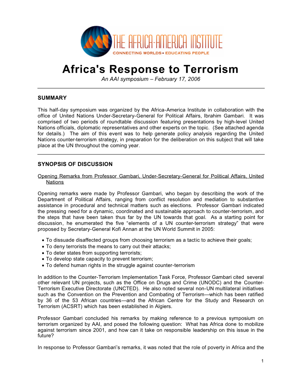 Africa's Response to Terrorism an AAI Symposium – February 17, 2006