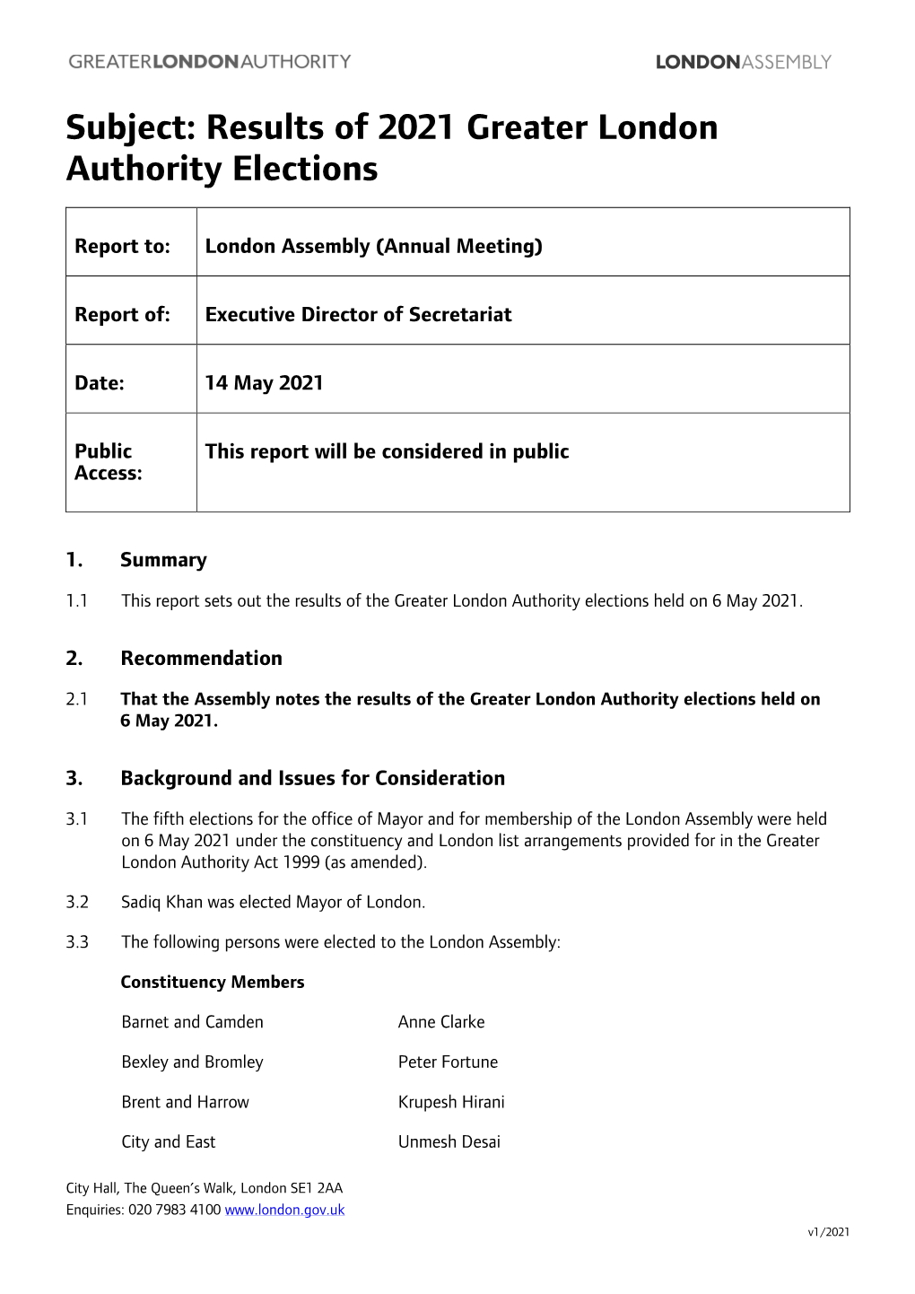 Results of 2021 Greater London Authority Elections