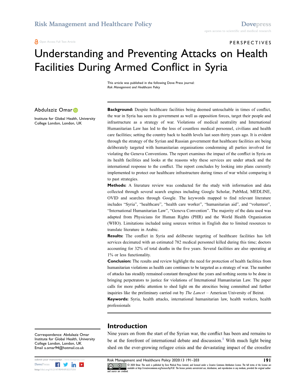 Understanding and Preventing Attacks on Health Facilities During Armed Conflict in Syria