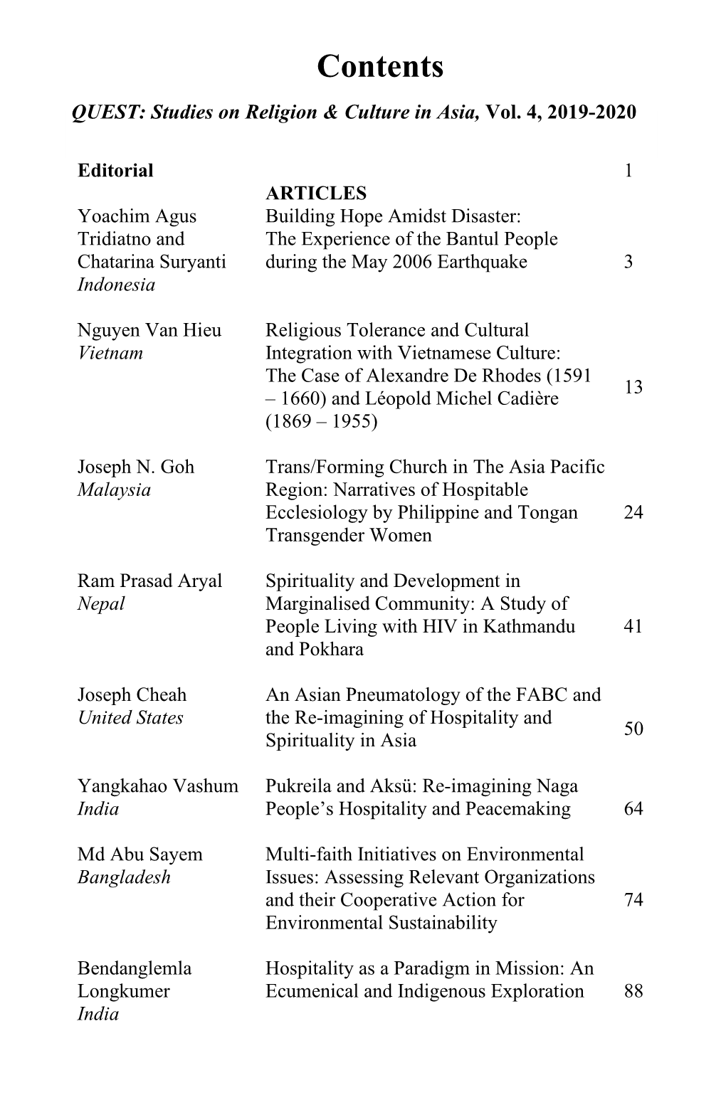 Contents QUEST: Studies on Religion & Culture in Asia, Vol