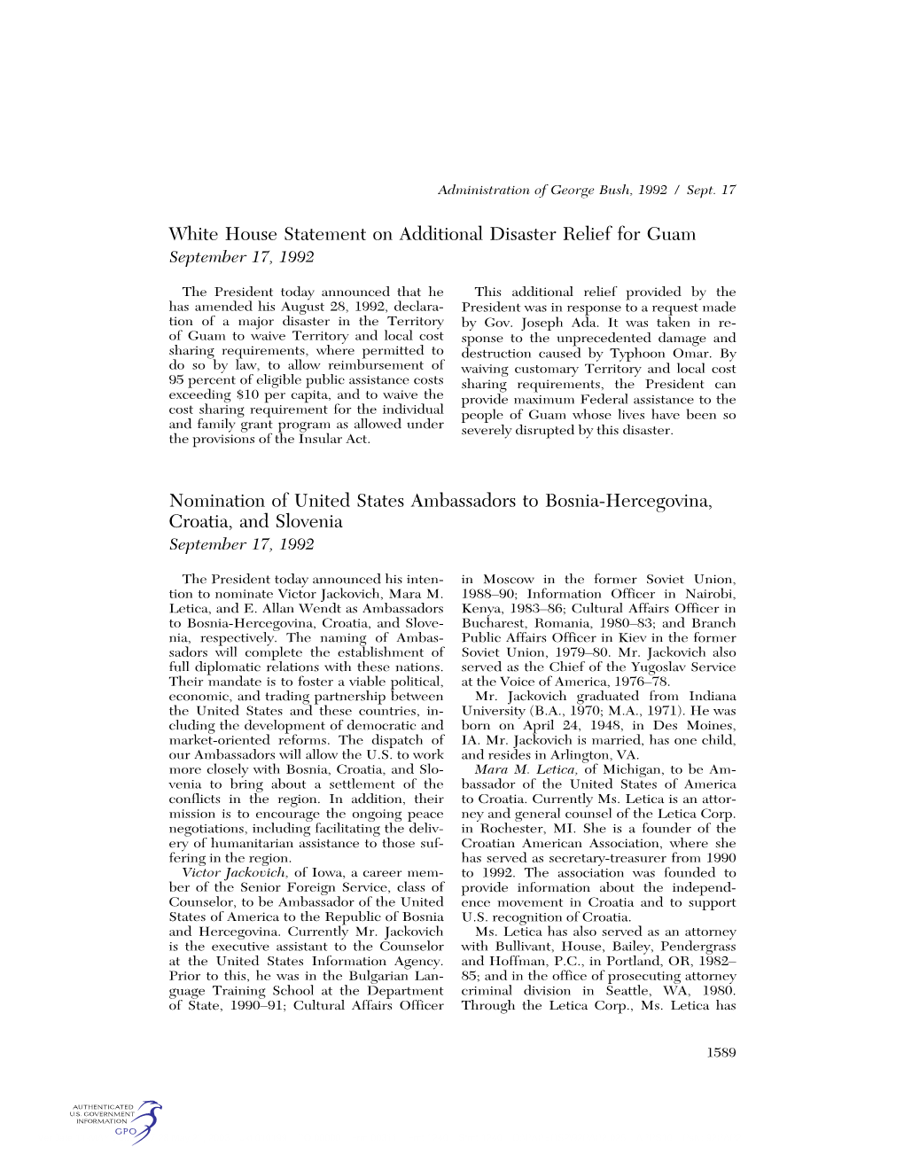 White House Statement on Additional Disaster Relief for Guam September 17, 1992