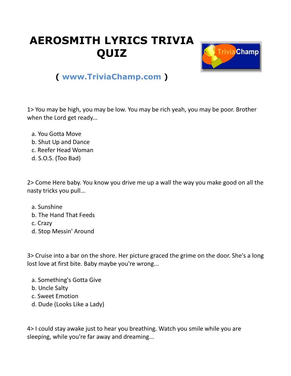 Aerosmith Lyrics Trivia Quiz