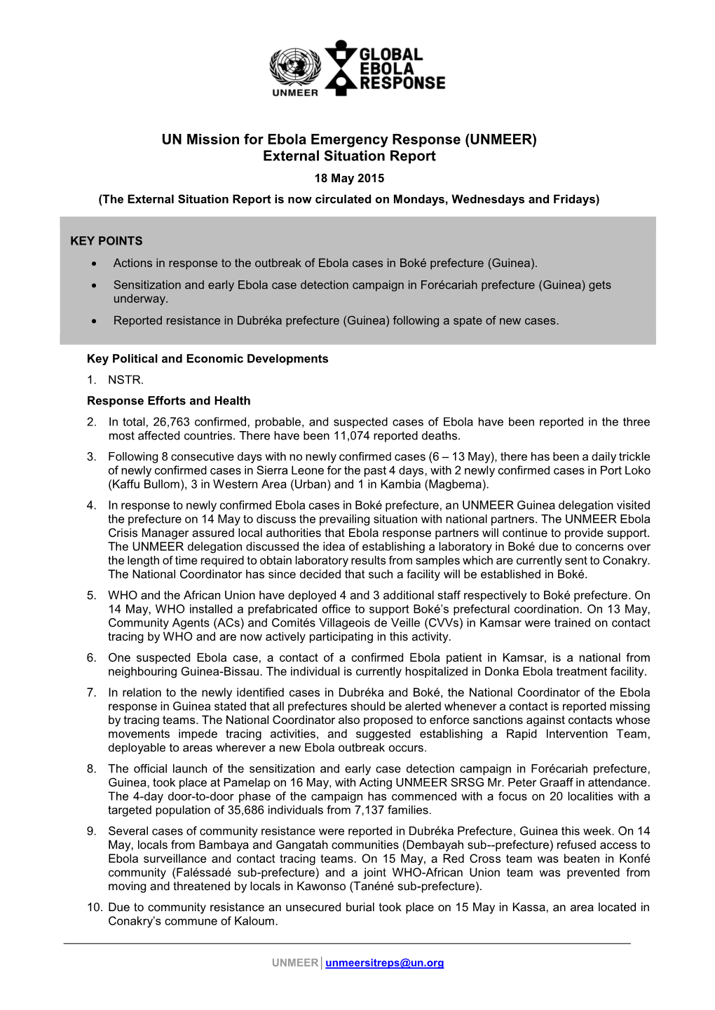 UNMEER) External Situation Report 18 May 2015 (The External Situation Report Is Now Circulated on Mondays, Wednesdays and Fridays