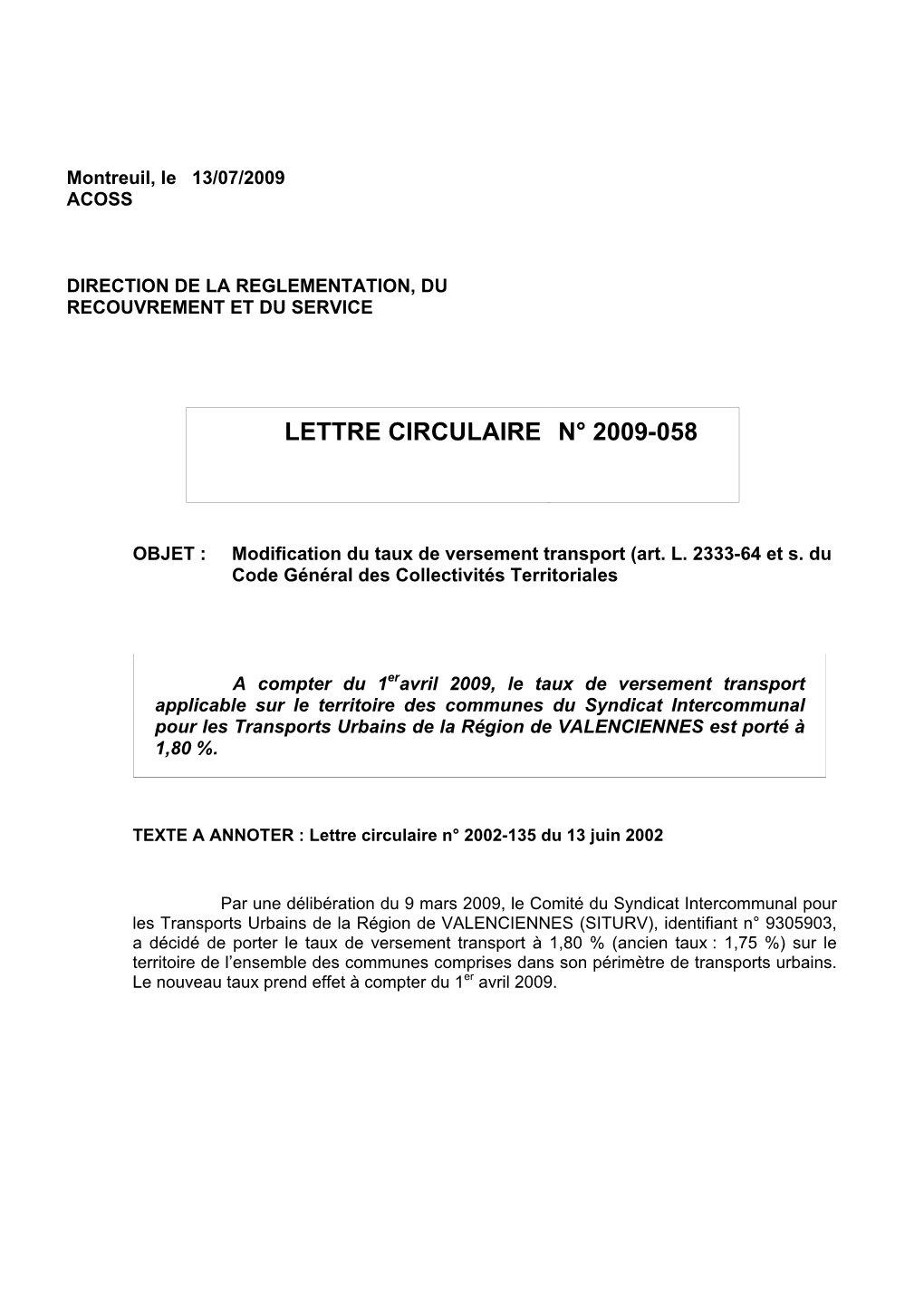 Lettre Circulaire N° 2009-058