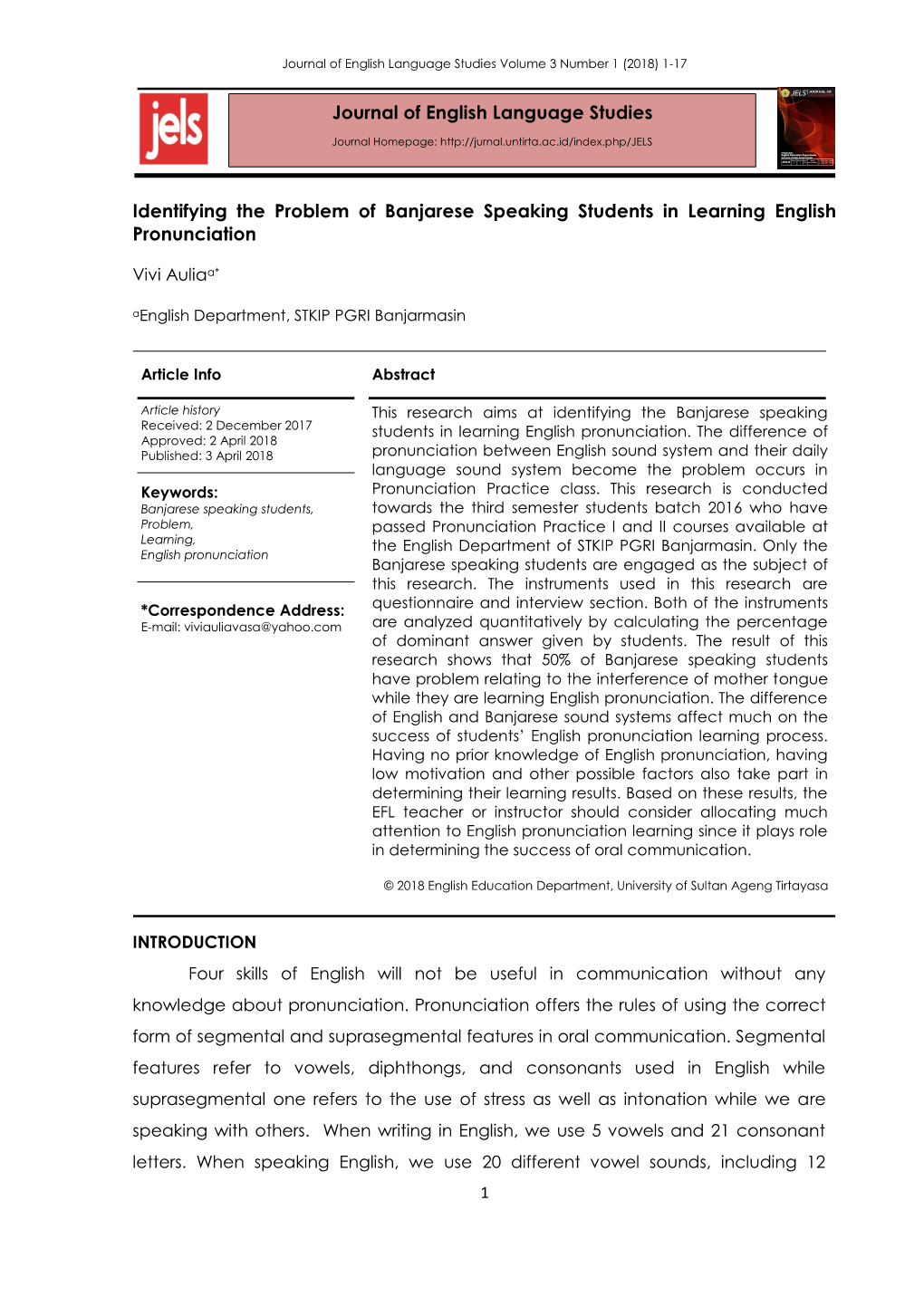 Identifying the Problem of Banjarese Speaking Students in Learning English Pronunciation