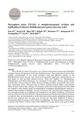 Mycosphere Notes 275-324: a Morpho-Taxonomic Revision and Typification of Obscure Dothideomycetes Genera (Incertae Sedis) Articl