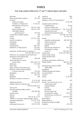 Note: Page Numbers Followed by “F” and “T” Indicate Figures and Tables. Abelsonite 96 Aquificae 586T Abiotic Hydrocarbon Synthesis 451–454 Aquificales Spp