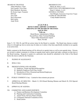 A G E N D a RENO-TAHOE AIRPORT AUTHORITY MEETING of the BOARD of TRUSTEES April 10, 2014 9:00 A.M