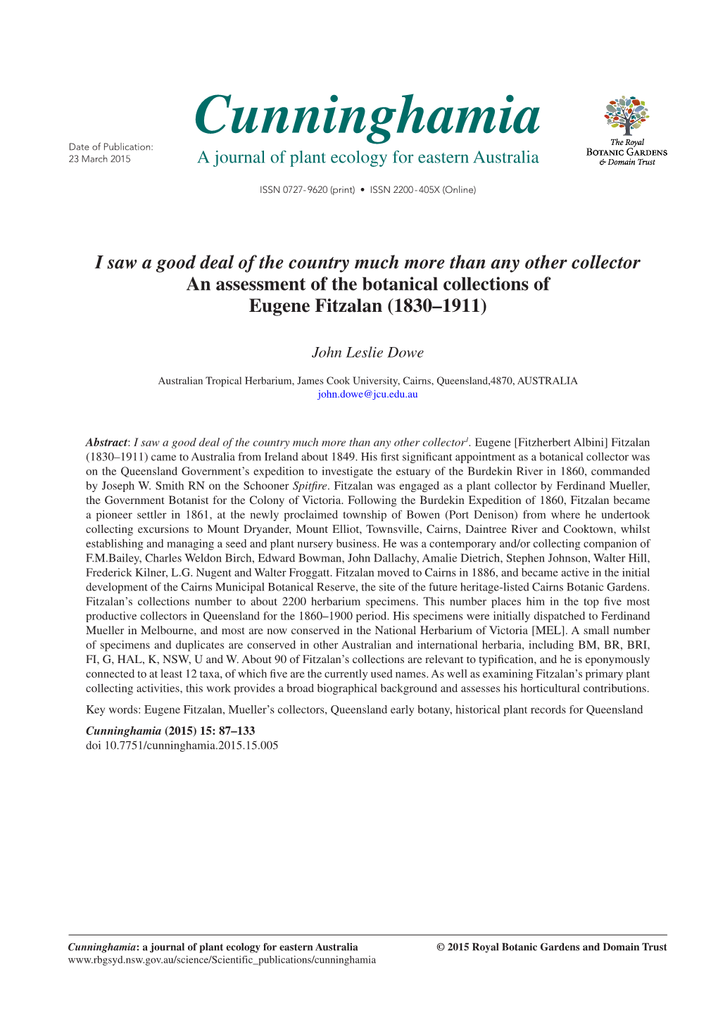 Cunninghamia Date of Publication: 23 March 2015 a Journal of Plant Ecology for Eastern Australia