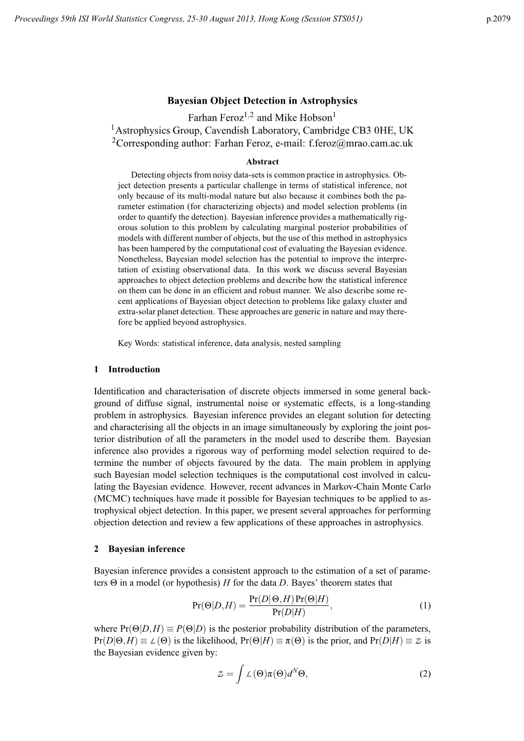 Bayesian Object Detection in Astrophysics Farhan Feroz1,2 And