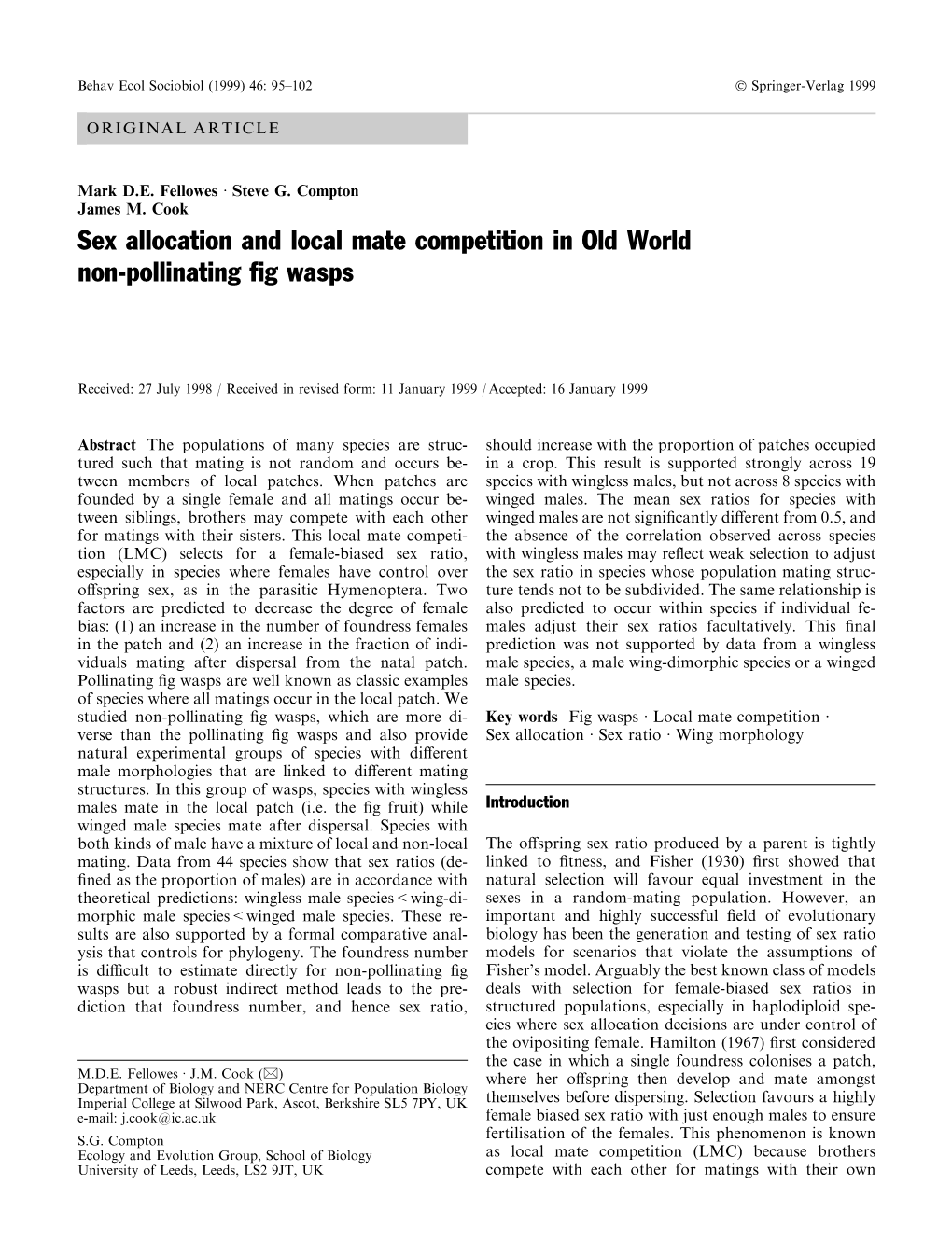 Sex Allocation and Local Mate Competition in Old World Non-Pollinating ®G Wasps