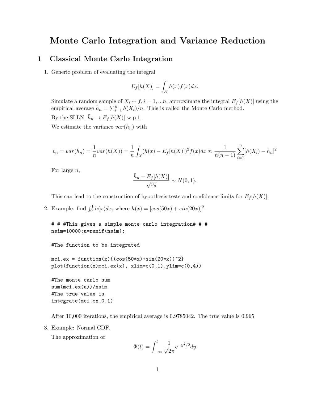 Monte Carlo Integration and Variance Reduction