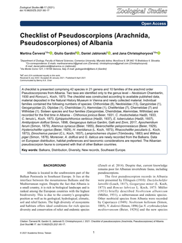 Checklist of Pseudoscorpions (Arachnida, Pseudoscorpiones) of Albania