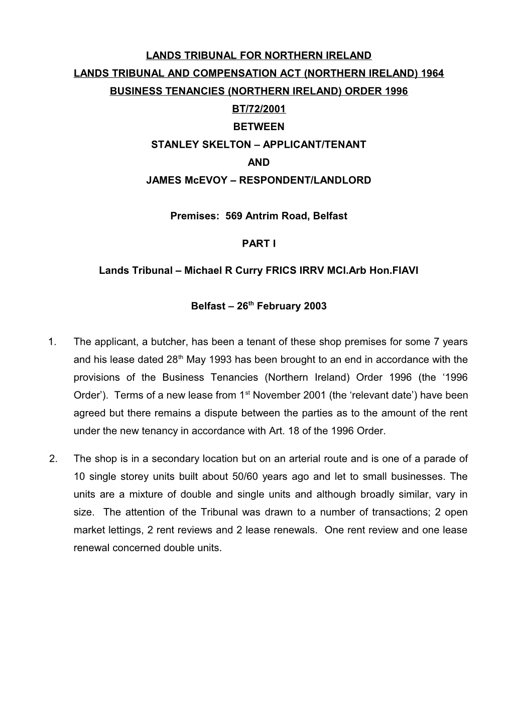 Lands Tribunal for Northern Ireland s1