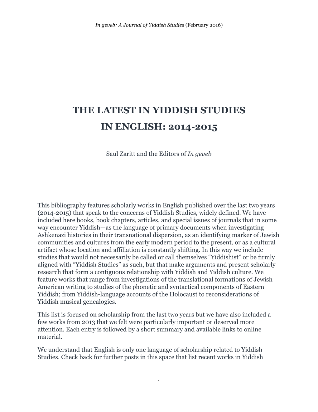 The Latest in Yiddish Studies in English: 2014­2015