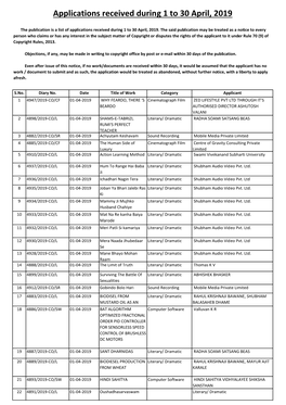 Applications Received During 1 to 30 April, 2019