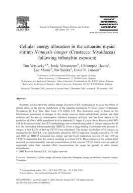 Cellular Energy Allocation in the Estuarine Mysid Shrimp Neomysis Integer (Crustacea: Mysidacea) Following Tributyltin Exposure