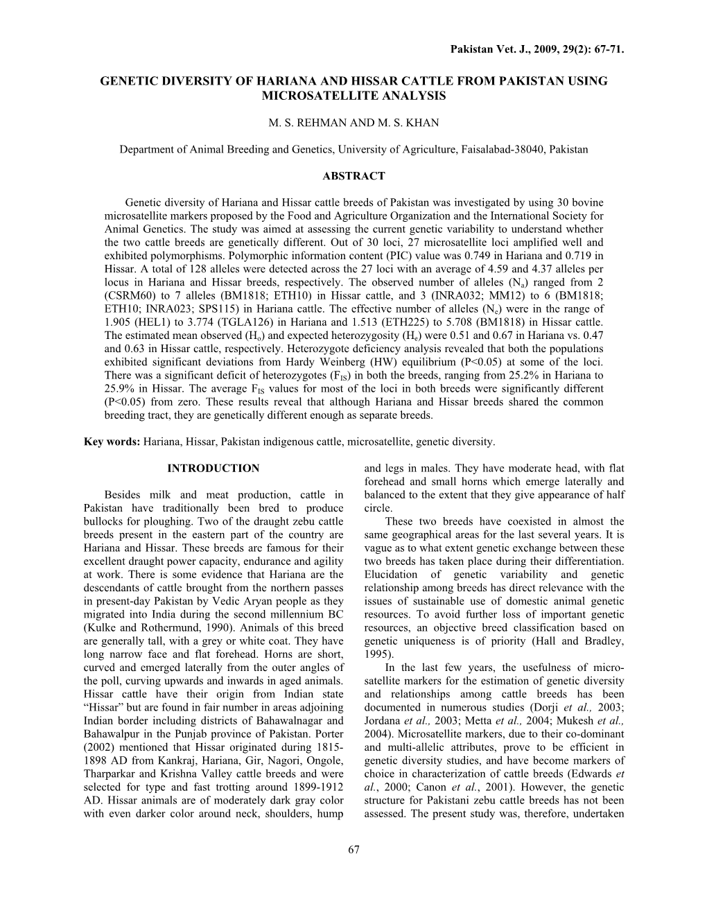 Genetic Diversity of Hariana and Hissar Cattle from Pakistan Using Microsatellite Analysis