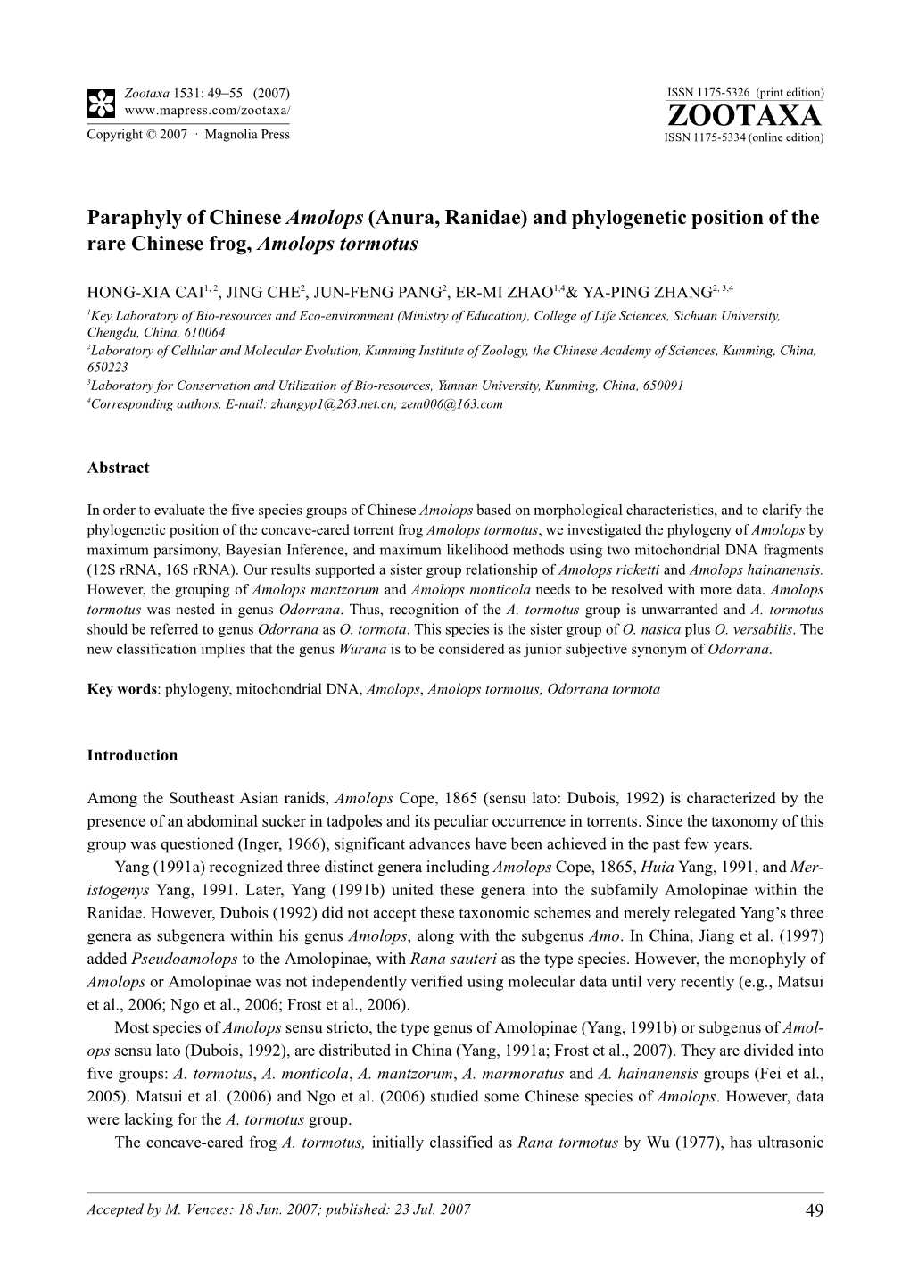 Zootaxa,Paraphyly of Chinese Amolops (Anura, Ranidae) and Phylogenetic Position of The