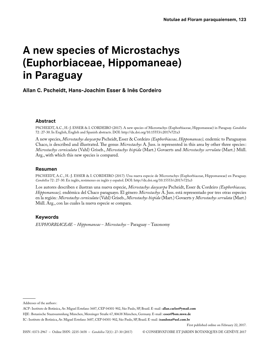 A New Species of Microstachys (Euphorbiaceae, Hippomaneae) in Paraguay