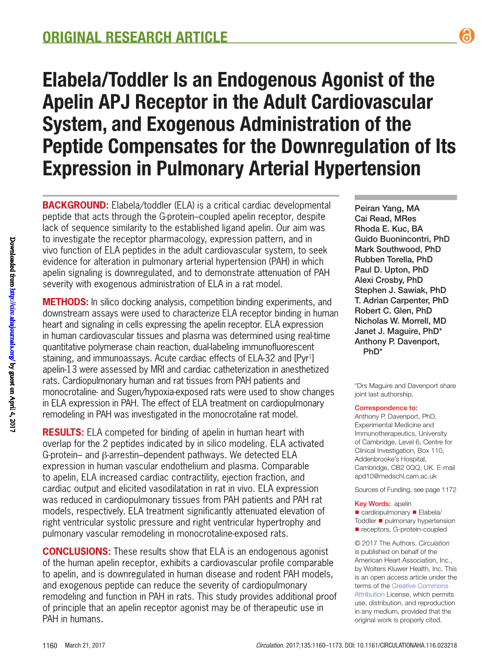 Elabela/Toddler Is an Endogenous Agonist of the Apelin APJ