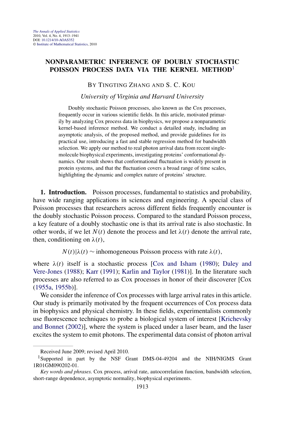 Nonparametric Inference of Doubly Stochastic Poisson Process Data Via the Kernel Method1