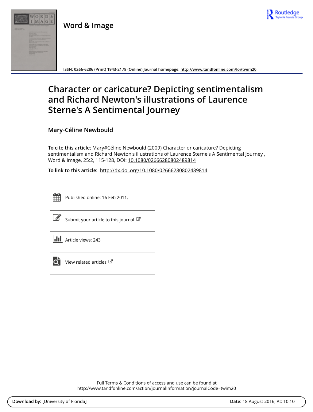 Character Or Caricature? Depicting Sentimentalism and Richard Newton's Illustrations of Laurence Sterne's a Sentimental Journey