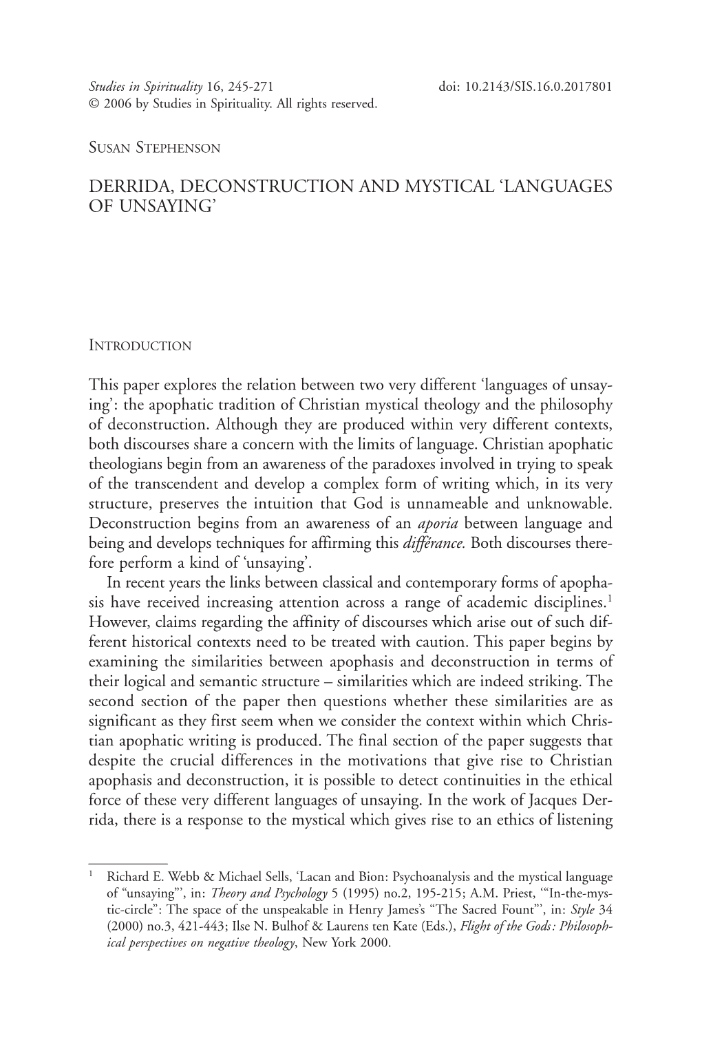 Derrida, Deconstruction and Mystical 'Languages of Unsaying'