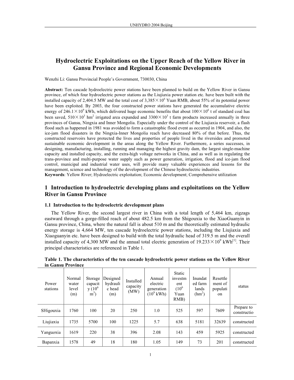 Hydroelectric Exploitations on the Upper Reach of the Yellow River in Gansu Province and Regional Economic Developments