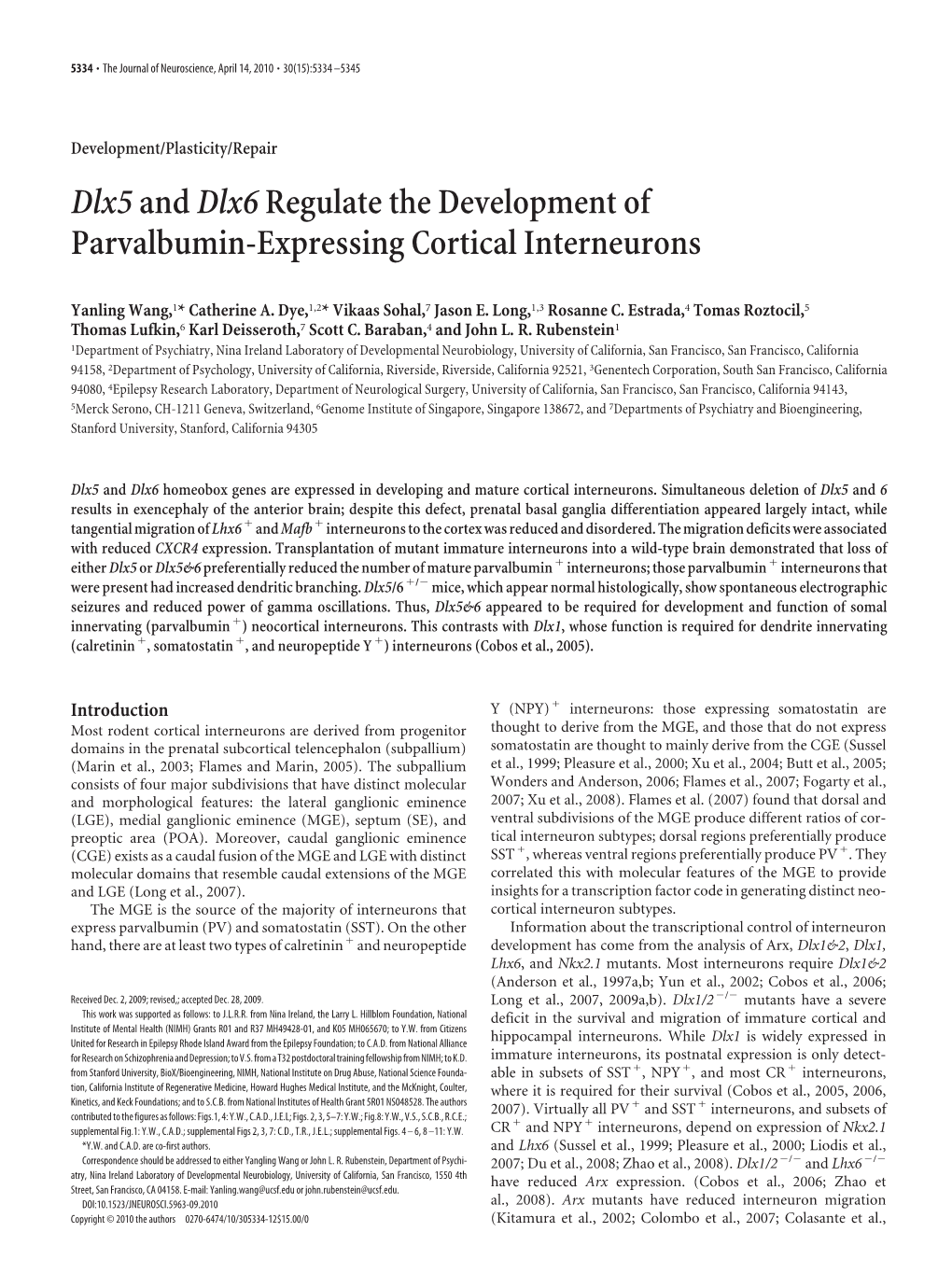 Dlx5anddlx6regulate the Development of Parvalbumin-Expressing Cortical Interneurons