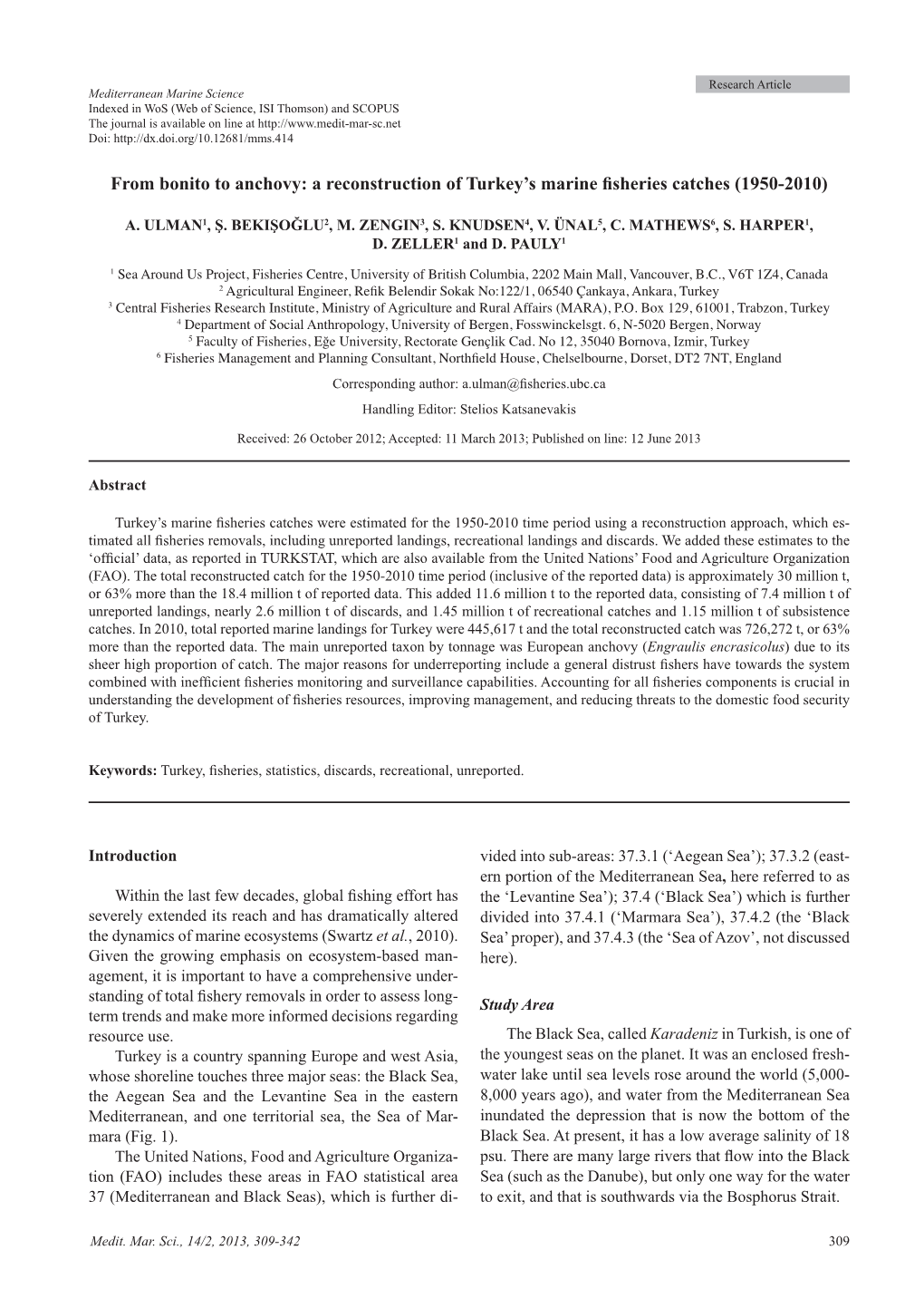 A Reconstruction of Turkey's Marine Fisheries Catches (1950-2010)