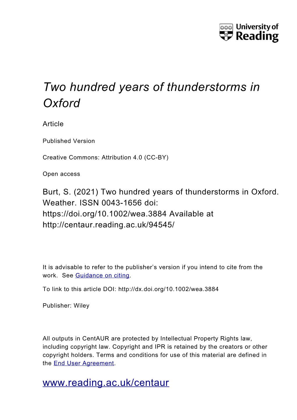 Two Hundred Years of Thunderstorms in Oxford