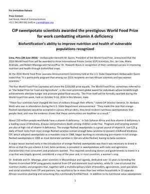 CIP Sweetpotato Scientists Awarded the Prestigious World Food Prize for Work Combatting Vitamin a Deficiency