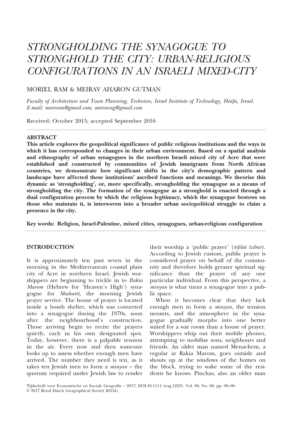 Strongholding the Synagogue to Stronghold the City: Urban-Religious Configurations in an Israeli Mixed-City