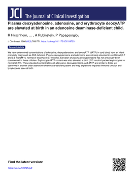 Plasma Deoxyadenosine, Adenosine, and Erythrocyte Deoxyatp Are Elevated at Birth in an Adenosine Deaminase-Deficient Child