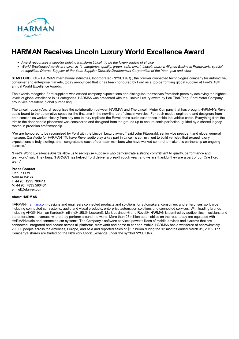 HARMAN Receives Lincoln Luxury World Excellence Award