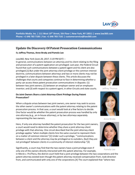 Update on Discovery of Patent Prosecution Communications by Jeffrey Thomas, Anne Brody and Pamela Lee