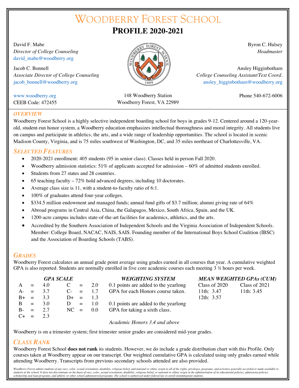 Woodberry Forest School Profile 2020-2021