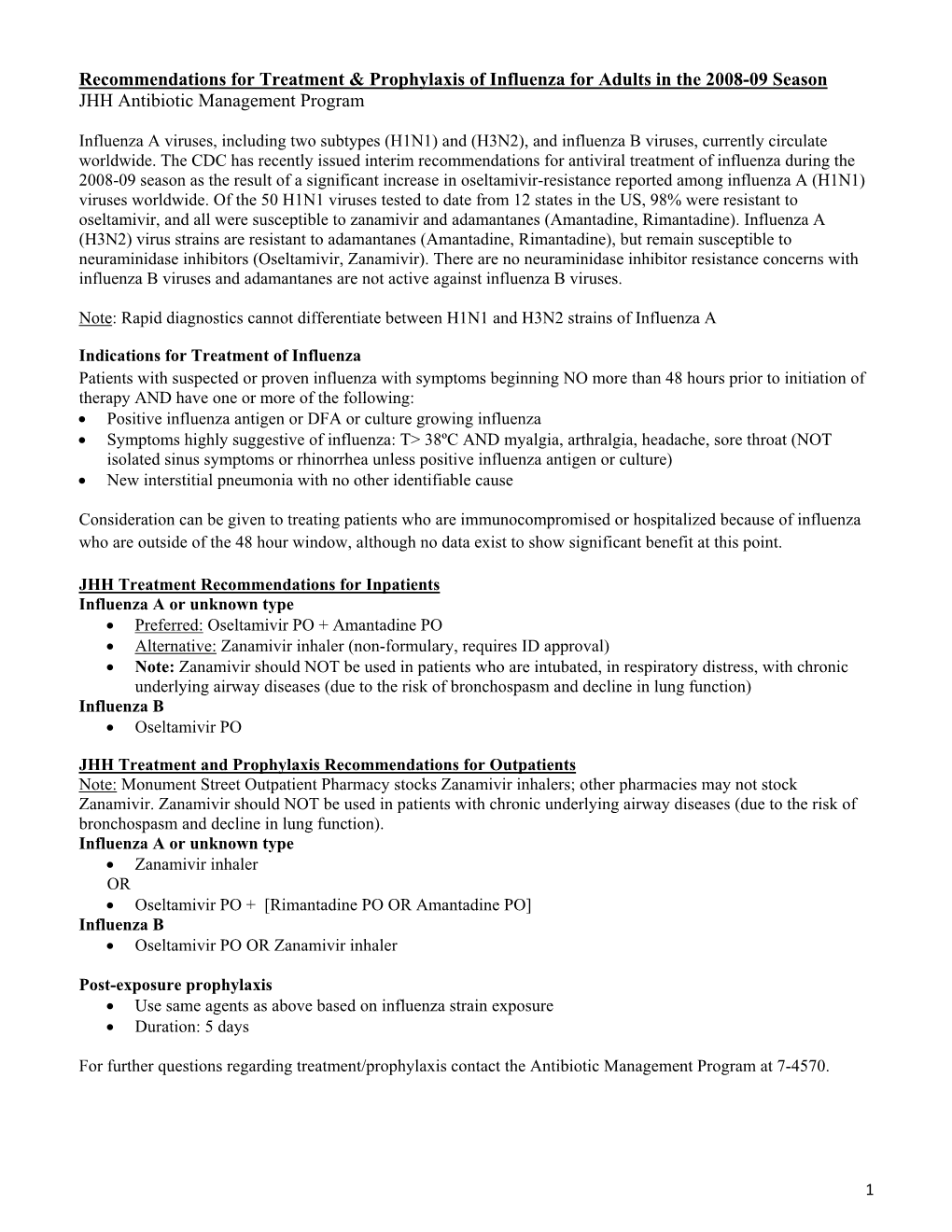 Recommendations for Treatment & Prophylaxis of Influenza for Adults