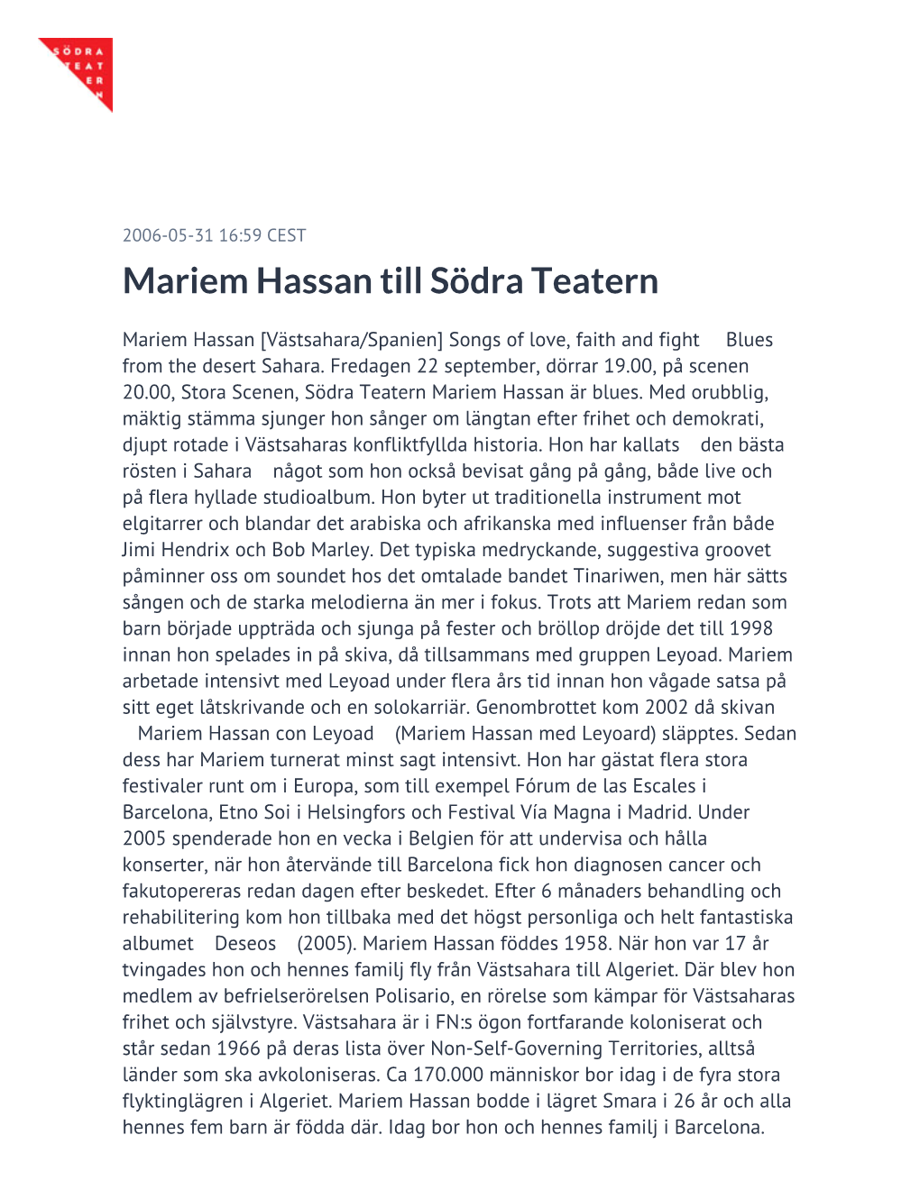 Mariem Hassan Till Södra Teatern