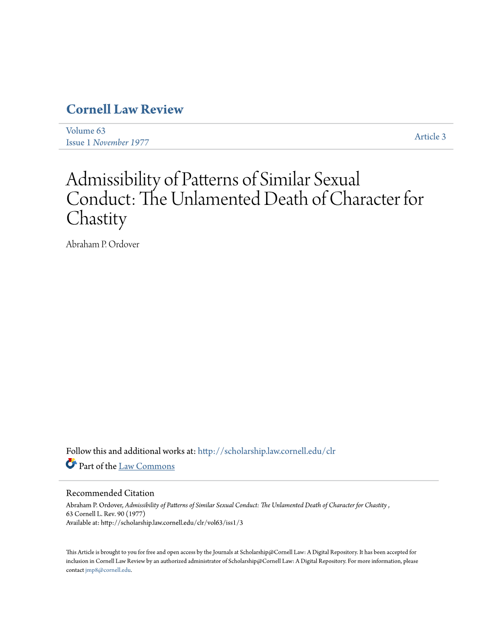 Admissibility of Patterns of Similar Sexual Conduct: the Nlu Amented Death of Character for Chastity Abraham P