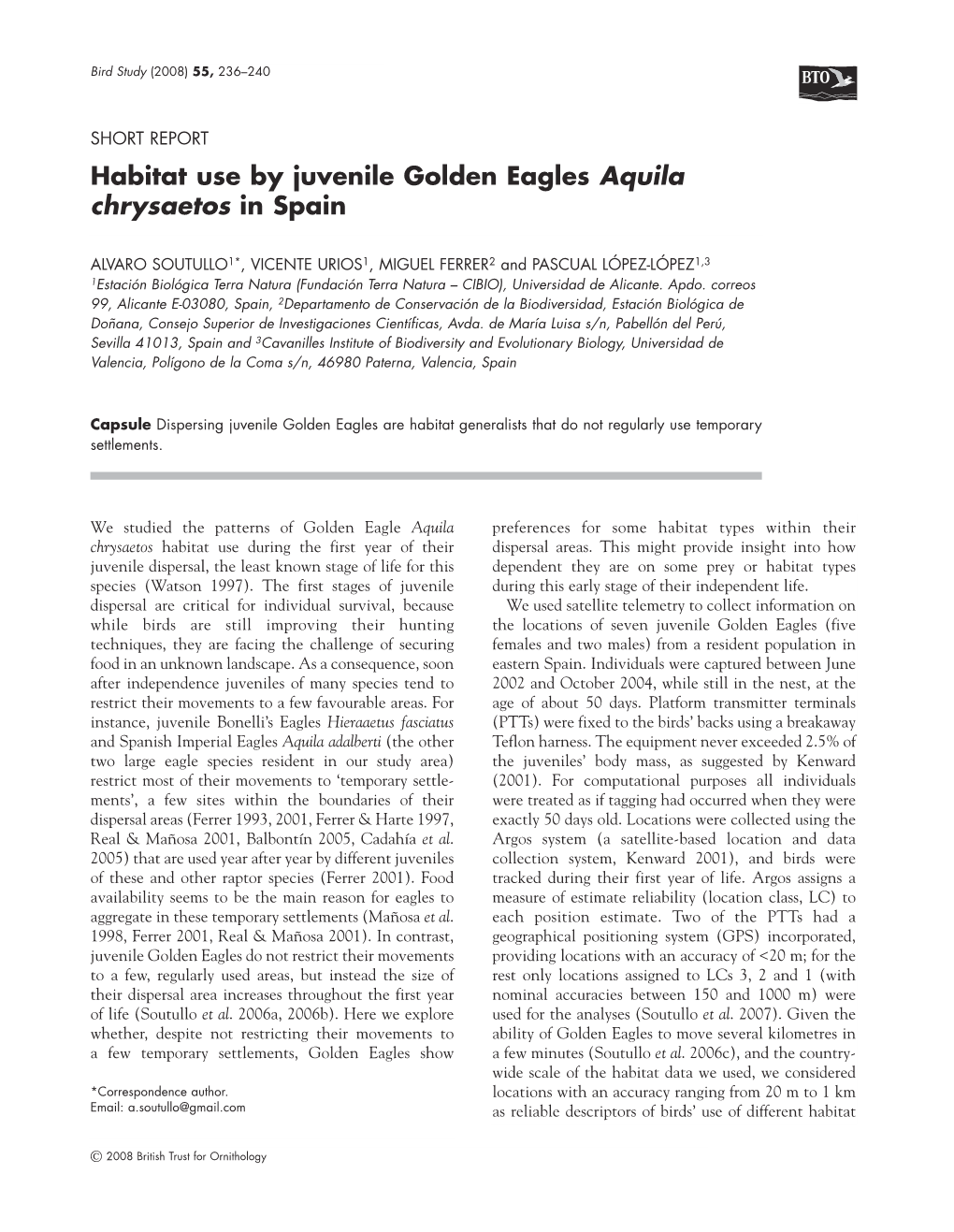 Habitat Use by Juvenile Golden Eagles Aquila Chrysaetos in Spain