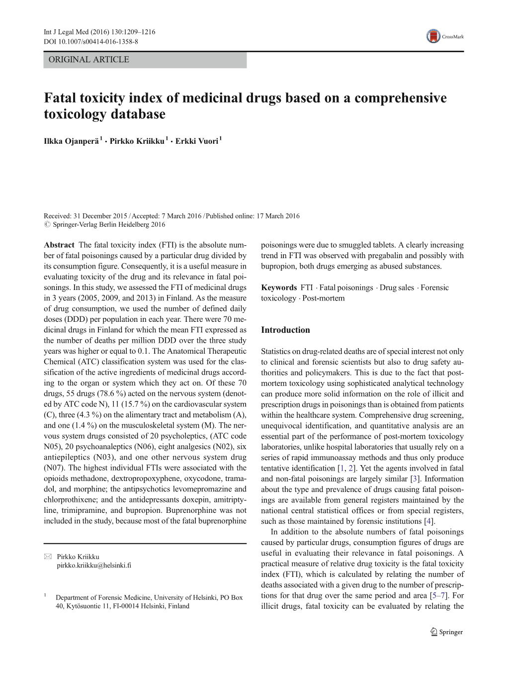 Fatal Toxicity Index of Medicinal Drugs Based on a Comprehensive Toxicology Database