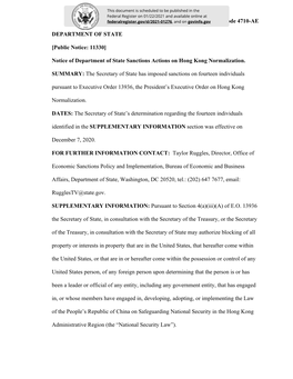 Notice of Department of State Sanctions Actions on Hong Kong Normalization