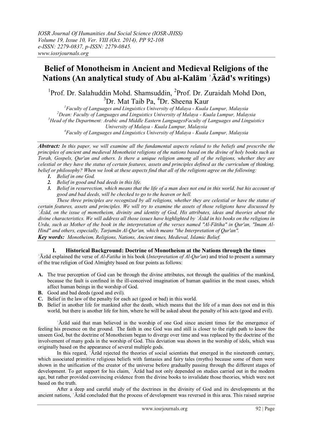 Belief of Monotheism in Ancient and Medieval Religions of the Nations (An Analytical Study of Abu Al-Kalām ʾāzād's Writings)