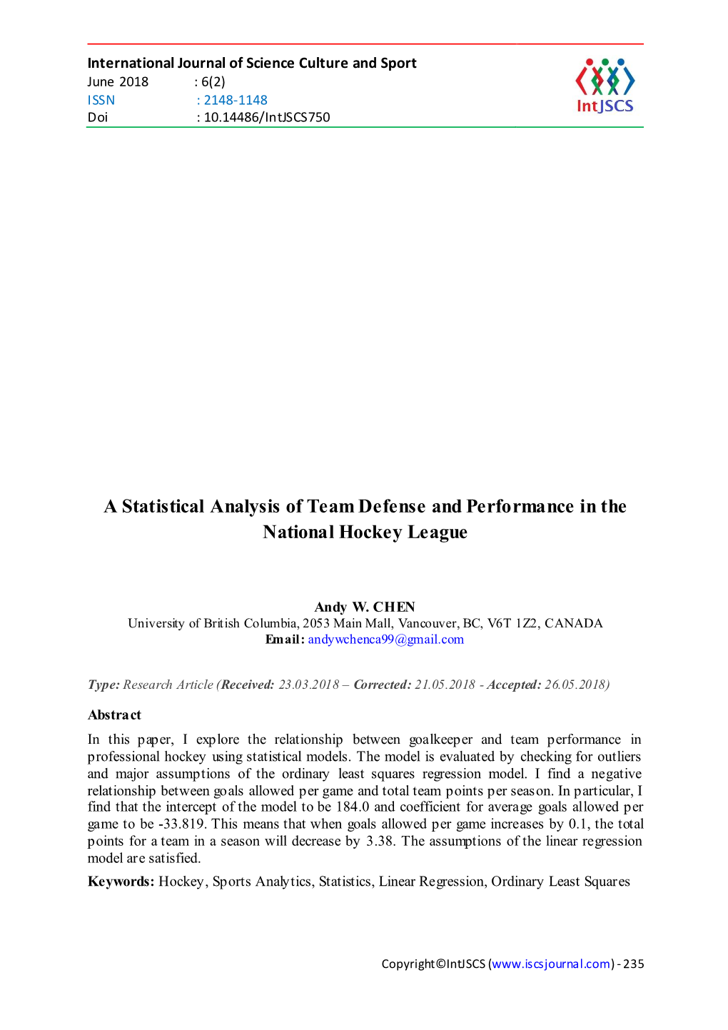 A Statistical Analysis of Team Defense and Performance in the National Hockey League