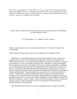 Pollen Loads on Adult Insects from Tamarisk Flowers and Inferences About Larval Habitats at Topock Marsh, Arizona